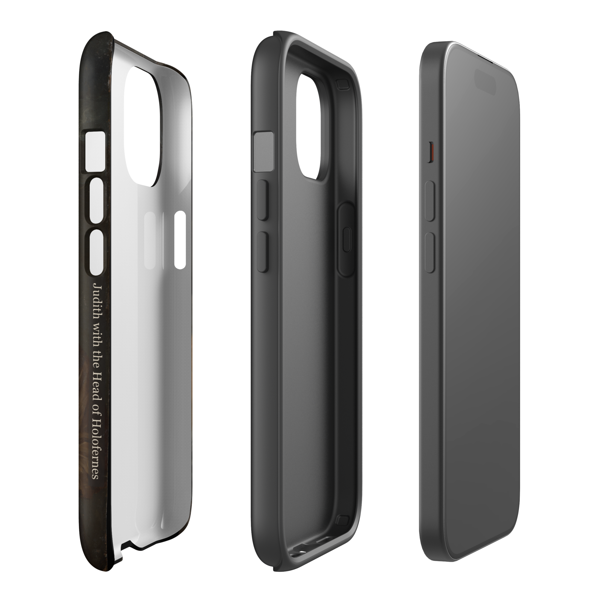 Judith Robust case for iPhone 15, showing the printed outer shell, inner liner and painting title along the side
